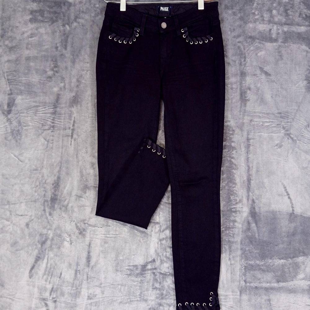 Paige Verdugo Ankle Jeans‎ Womens 25 Black Skinny Stretch Grommet Laced Made USA